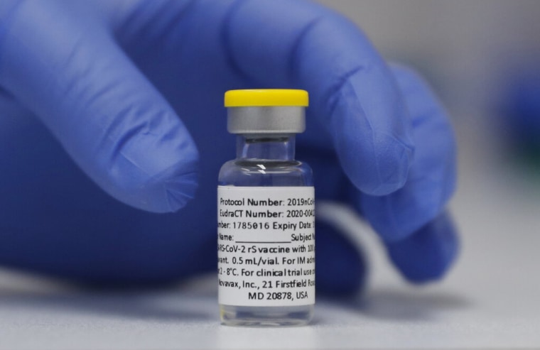 A vial of the coronavirus vaccine produced by Novavax is displayed at George University Hospital in London, August 5, 2021.
