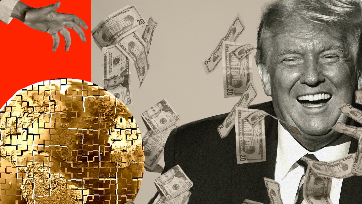 Collage zeigt Trump und eine zerfallende Goldene Weltkugel in einem Regen aus Dollar Scheinen